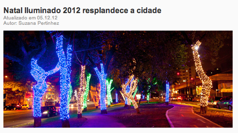 Tela do site Cidade de São Paulo / SPTuris mostrando í¡rvores artificiais do Natal Iliminado 2012